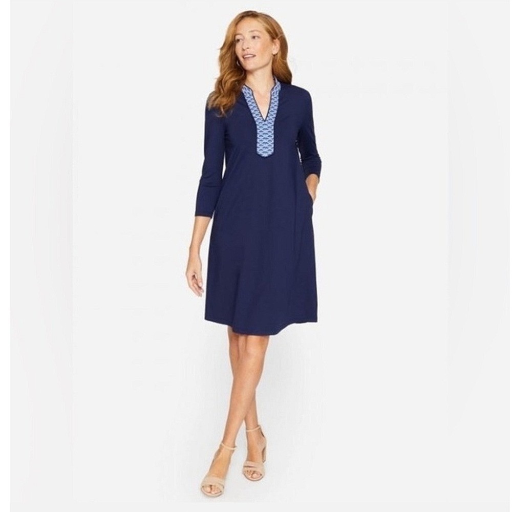 J. McLaughlin Carmine Catalina Cloth Dress Navy Blue V-Neck Resortwear‎ Cruise M